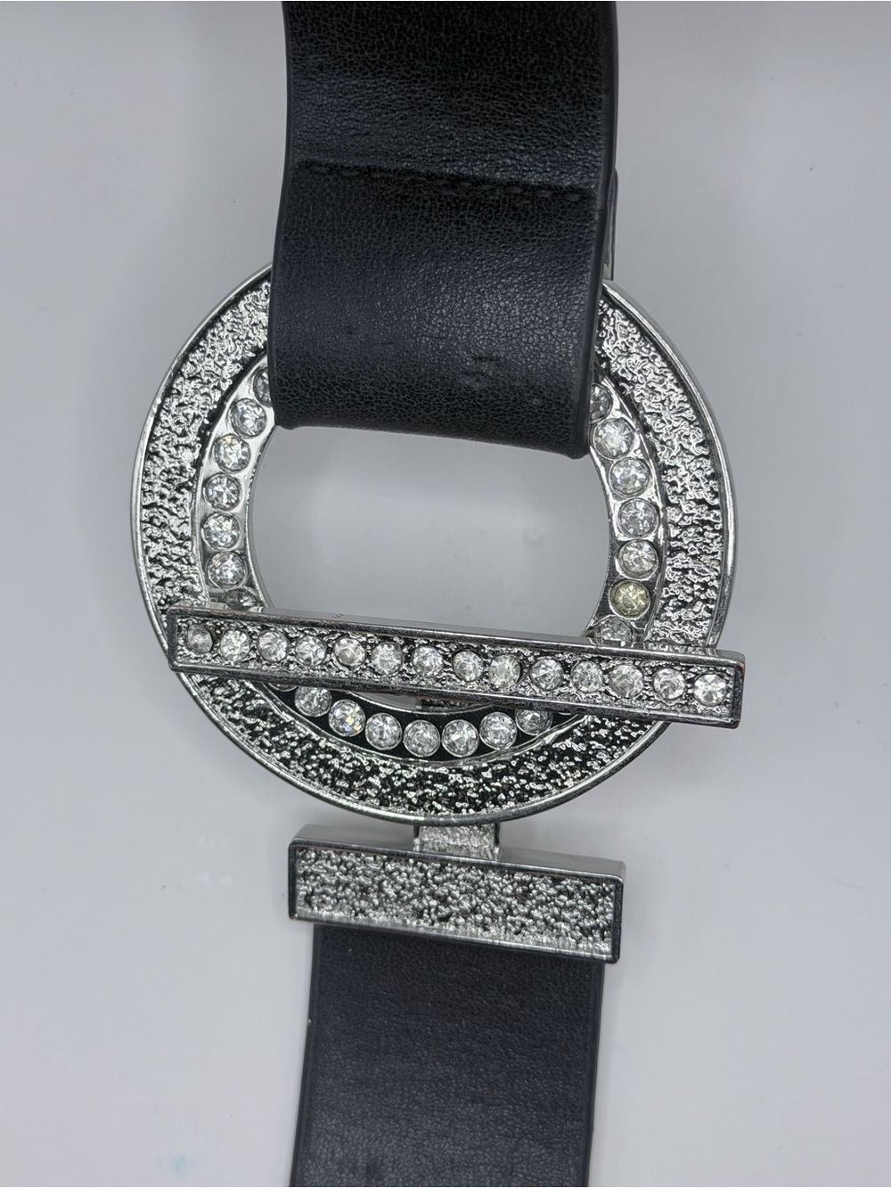 Chico's Black Leather Belt with Crystal-Studded Silver-Tone Buckle adjustable